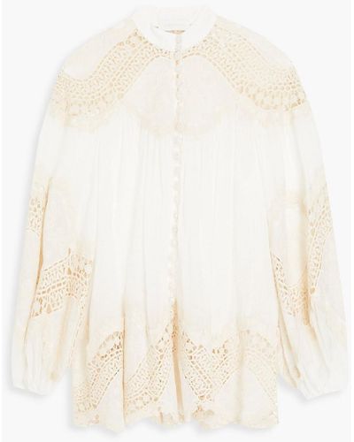 Zimmermann Crocheted Lace-paneled Ramie-gauze Blouse - White