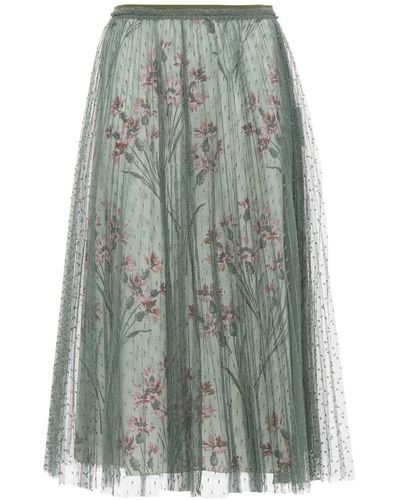RED Valentino Layered Pleated Point D'esprit And Floral-print Crepe Midi Skirt Sage Green