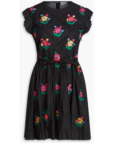 RED Valentino Embroidered Belted Cotton Mini Dress - Black