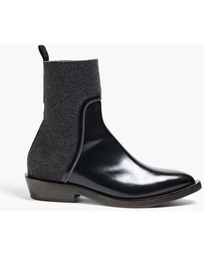 Brunello Cucinelli Bead-embellished Leather And Stretch-knit Ankle Boots - Black