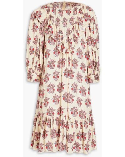 byTiMo Gathered Floral-print Jacquard Mini Shirt Dress - Natural