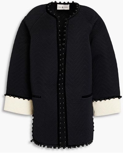 Tory Burch Velvet-trimmed Bead-embellished Matelassé Coat - Black