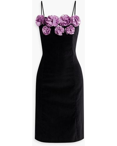 BATSHEVA Gaby Floral-appliquéd Cotton-velvet Mini Dress - Black