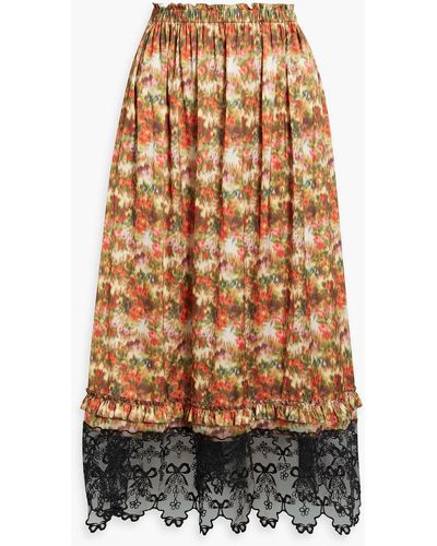 Simone Rocha Lace-trimmed Floral-print Satin Midi Skirt - Red