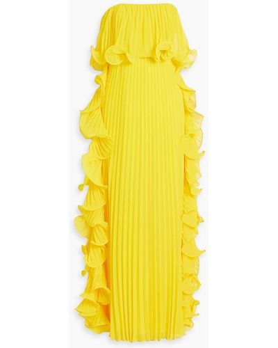 Badgley Mischka Strapless Ruffled Plissé-chiffon Gown - Yellow