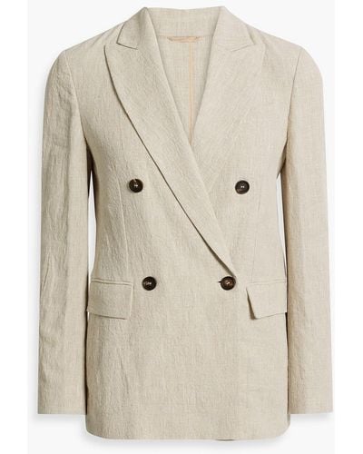Brunello Cucinelli Double-breasted Bead-embellished Checked Linen-jacquard Blazer - Natural
