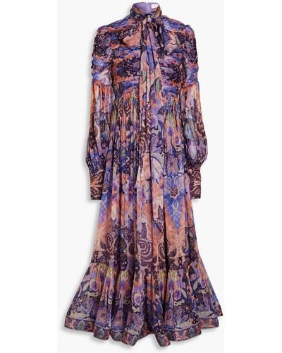 Zimmermann Ruched Pussy-bow Printed Georgette Midi Dress - Purple