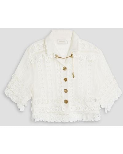 Zimmermann Cropped Linen And Silk-blend Organza And Crocheted Lace Jacket - White