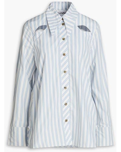 Ganni Cutout Striped Cotton-poplin Shirt - Blue