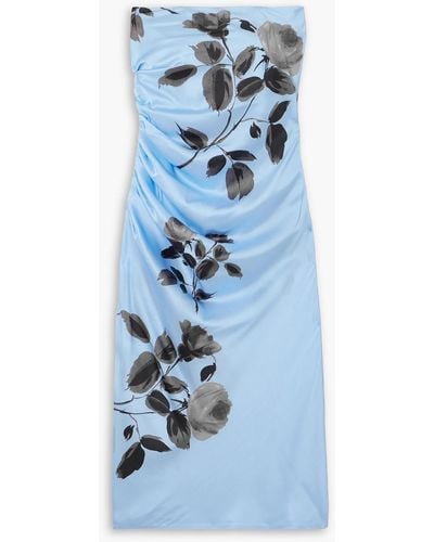 Magda Butrym Strapless Ruched Floral-print Stretch-silk Dress - Blue