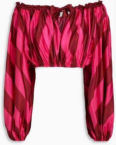 Zimmermann tiggy Cropped Striped Silk-satin Off-the-shoulder Top - Red