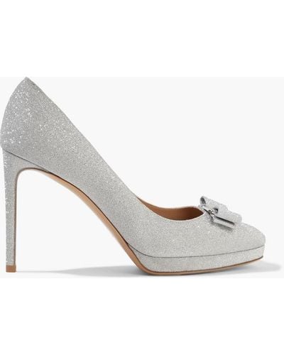 Ferragamo Osimo Bow-embellished Glittered Woven Platform Court Shoes - Grey