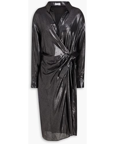 Brunello Cucinelli Bead-embellished Metallic Crepe Midi Wrap Dress - Black