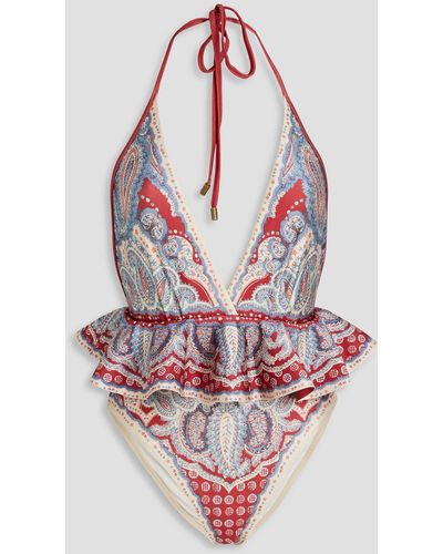 Zimmermann Ruffled Paisley-print Halterneck Swimsuit - Red