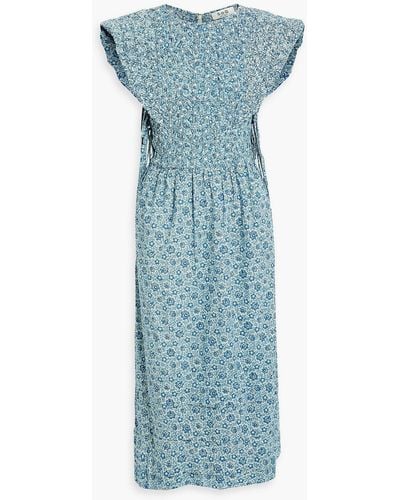Sea Ida Smocked Printed Cotton-cloque Midi Dress - Blue