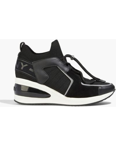 DKNY Brigette Faux Leather And Suede-trimmed Stretch-knit Wedge Trainers - Black