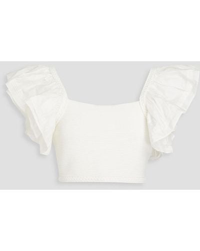 Aje. Corinne Cropped Ruffled Poplin And Ribbed-knit Top - White