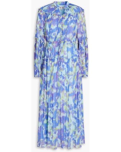Diane von Furstenberg Link Tiered Printed Plissé-chiffon Midi Dress - Blue