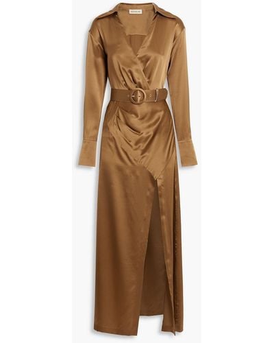 Nicholas Electra Belted Wrap-effect Silk-satin Maxi Dress - Natural