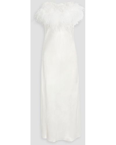 Sleeper Boheme Feather-trimmed Satin Midi Slip Dress - White
