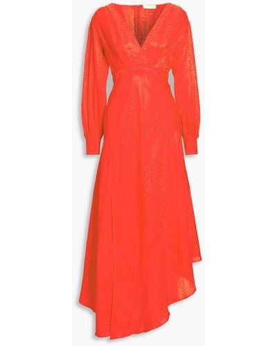 Ronny Kobo Estelle Asymmetric Satin-jacquard Midi Dress - Red