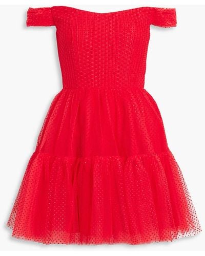 ML Monique Lhuillier Off-the-shoulder Flocked Tulle Mini Dress - Red