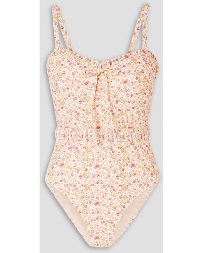 Peony Vacation Ruched Floral-print Stretch-econyl Swimsuit - White