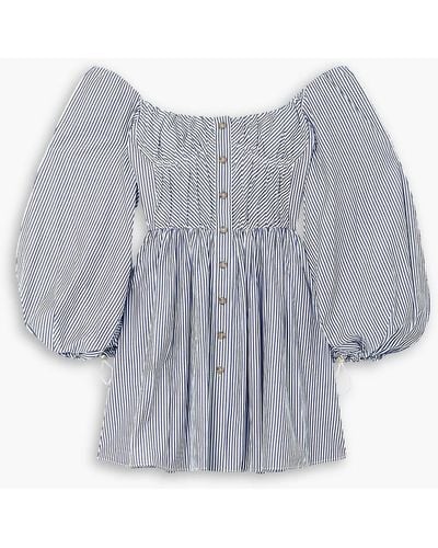 Carolina Herrera Button-embellished Gathered Striped Cotton-poplin Mini Dress - Blue