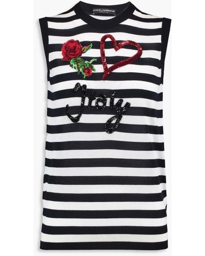 Dolce & Gabbana Embellished Striped Cashmere And Silk-blend Jumper - Black