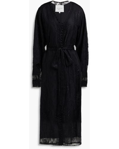 Envelope Belted Corded Lace Midi Dress - Black