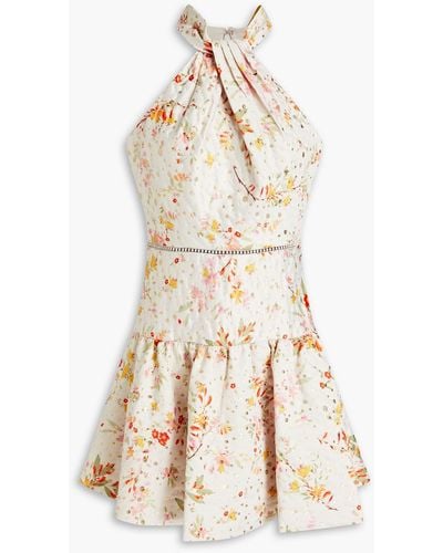 ML Monique Lhuillier Floral-print Metallic Fil Coupé Satin-twill Mini Dress - Natural