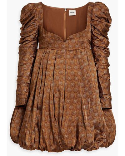Khaite Katia Pleated Printed Satin Mini Dress - Brown