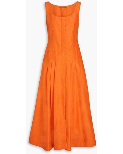 Alberta Ferretti Pleated Shantung Midi Dress - Orange