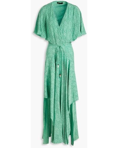 Maje Wrap-effect Printed Cupro-blend Maxi Dress - Green