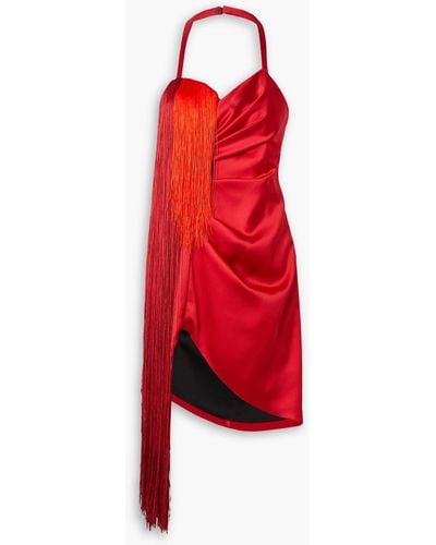 Halpern Drapiertes neckholder-minikleid aus duchesse-satin mit fransen - Rot