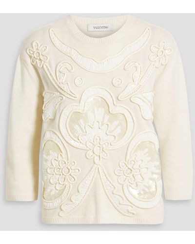 Valentino Garavani Embellished Wool And Cashmere-blend Sweater - Natural