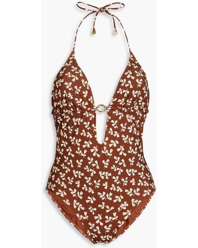 Tory Burch Cutout Printed Swimsuit - Brown
