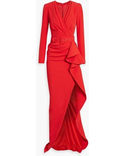 Rhea Costa Belted Draped Crepe Gown - Red