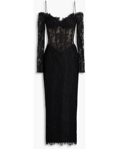 Rasario Cold-shoulder Chantilly Lace Midi Dress - Black