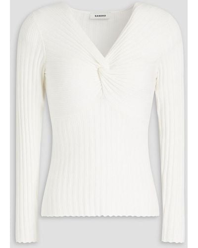 Sandro Lumio Twist-front Ribbed-knit Sweater - White