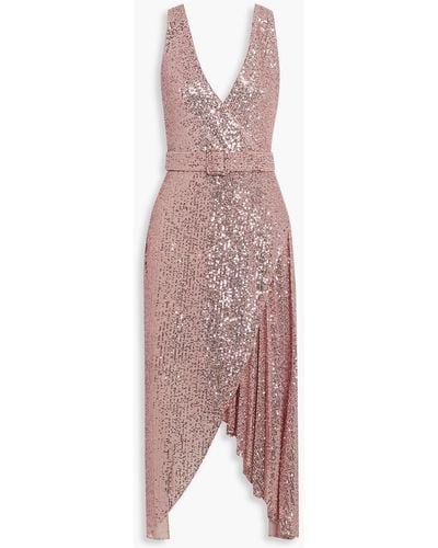 Badgley Mischka Belted Wrap-effect Embellished Stretch-tulle Dress - Pink