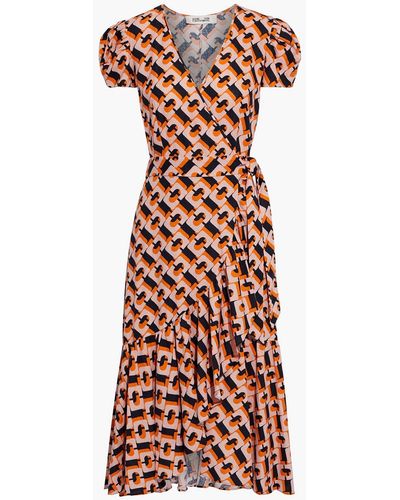 Diane von Furstenberg Vienna Ruffled Printed Linen-blend Midi Wrap Dress - Orange