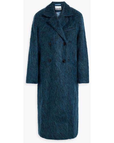 Ganni Double-breasted Brushed Wool-blend Coat - Blue