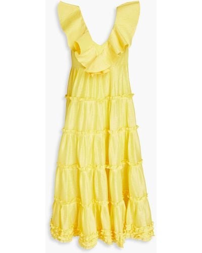 LEO LIN Tiered Slub Linen And Silk-blend Gauze Midi Dress - Yellow