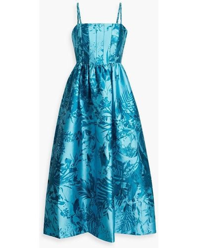 ML Monique Lhuillier Pleated Printed Faille Midi Dress - Blue