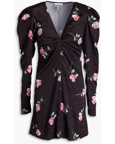 Ganni Ruched floral-print satin mini dress - Schwarz