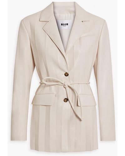 MSGM Belted Pleated Faux Leather Blazer - Natural