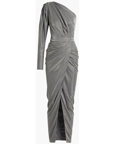 Rhea Costa One-sleeve Draped Glittered Jersey Gown - Gray