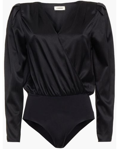 L'Agence Brenda Wrap-effect Silk-blend Satin Bodysuit - Black