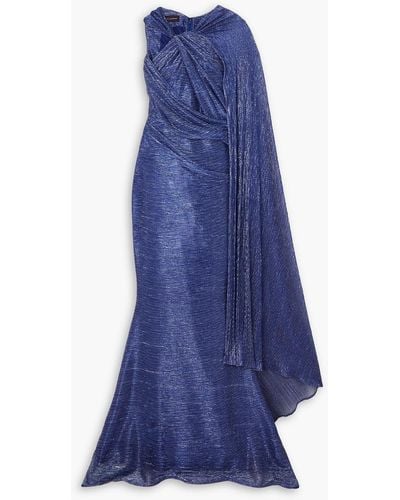 Talbot Runhof Asymmetric Cape-effect Metallic Voile Gown - Blue